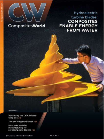 Composites World Front Cover March 2021 - ACS Australia's Adrian Chiem & Kinetic NRG composite hydroelectric turbine