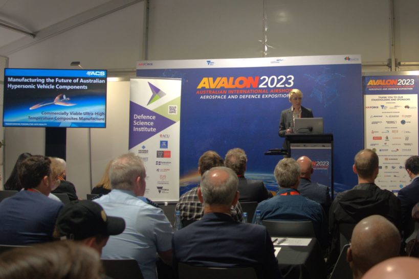 Bernadette Grant presenting at the Innovation Pitch Fest Avalon Airshow 2023, Australia