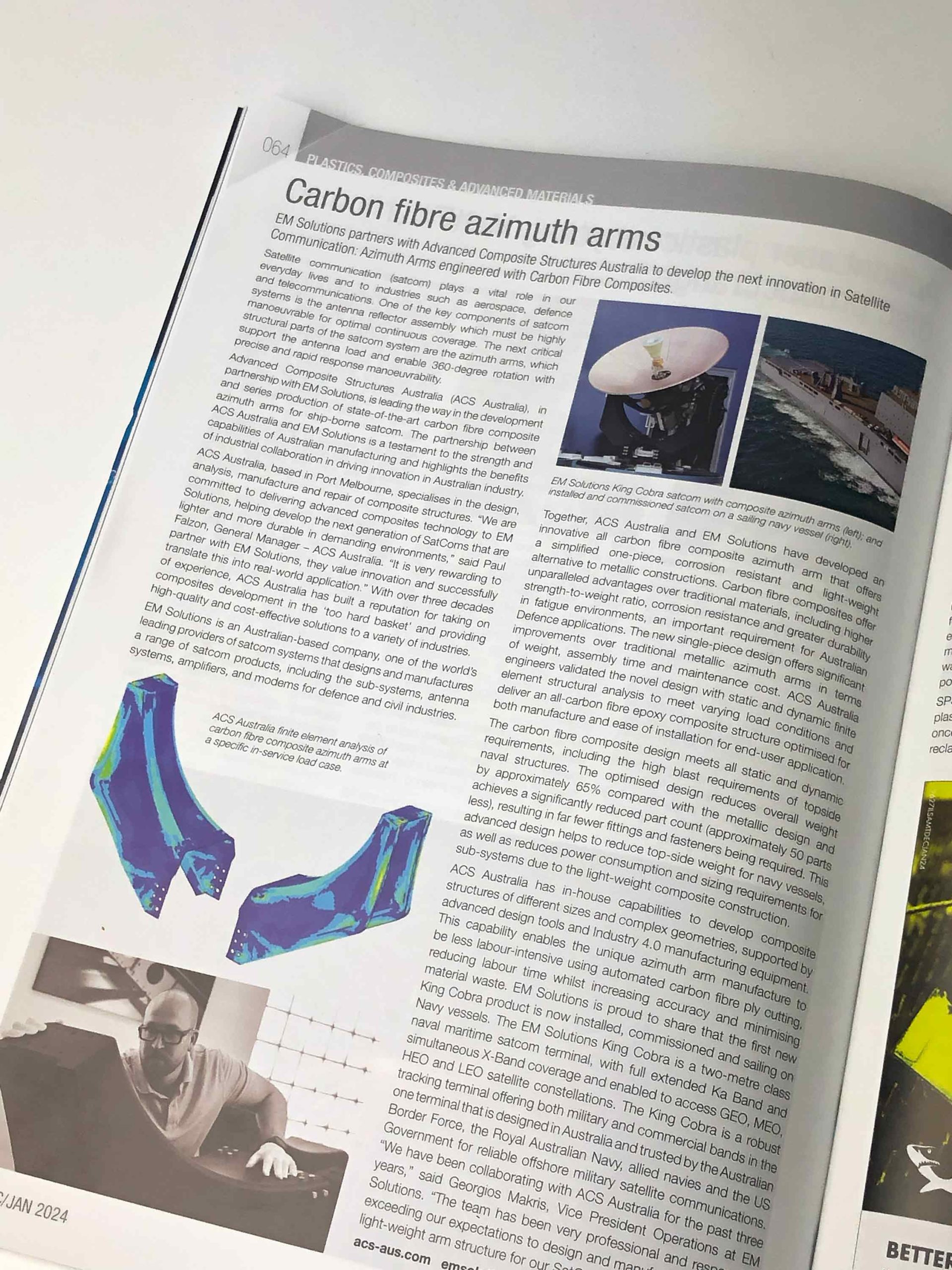 AMTIL Magazine Dec/Jan 2024 p.64 featuring the SatCom Carbon Fibre Azimuth Arms
