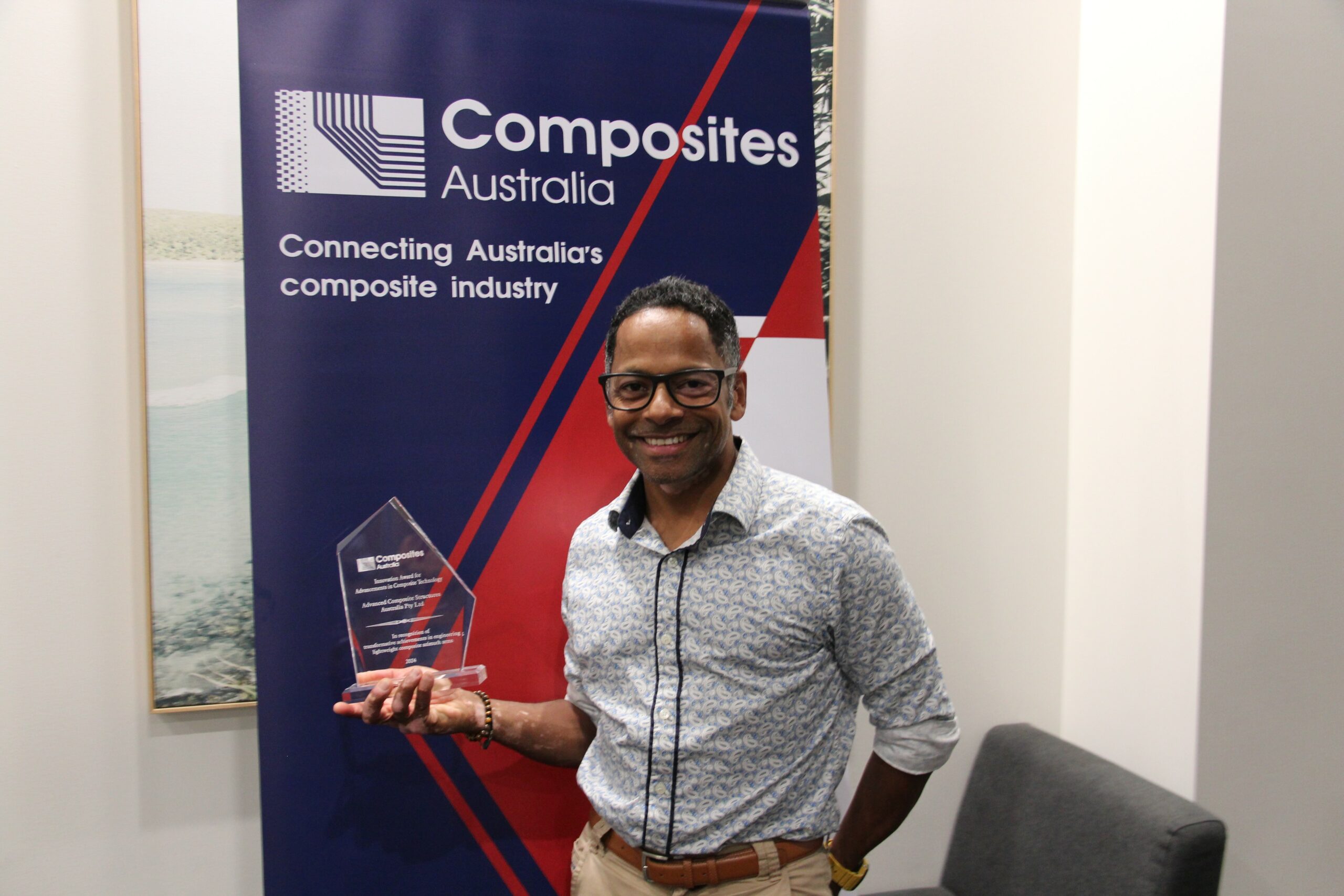 Andre Duarte accepting the Composites Australia Innovation Award 2024 at the Composites Australia Annual Conference on the Sunshine Coast