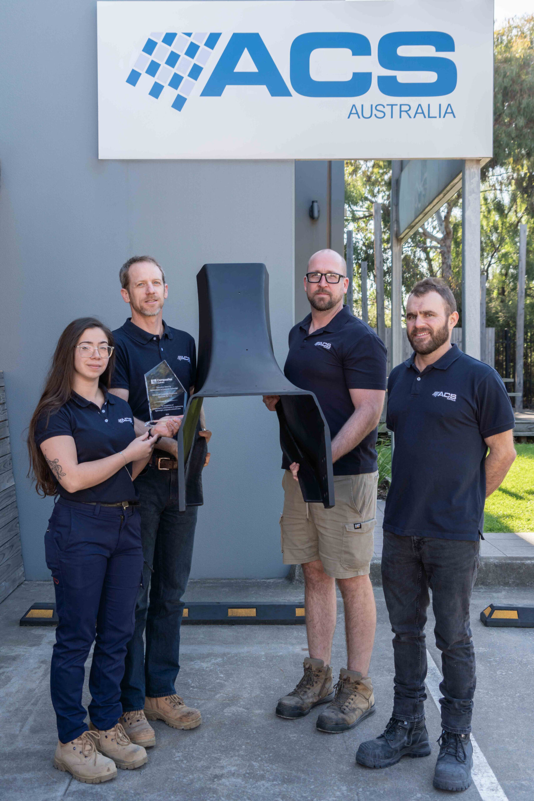 Composites Australia Award 2024 for SatCom Azimuth Arms featuring the team (L-R)  Nicole Farrugia, Johannes Straub, Clayton Somers & Chris Lopes at Advanced Composite Structures Australia