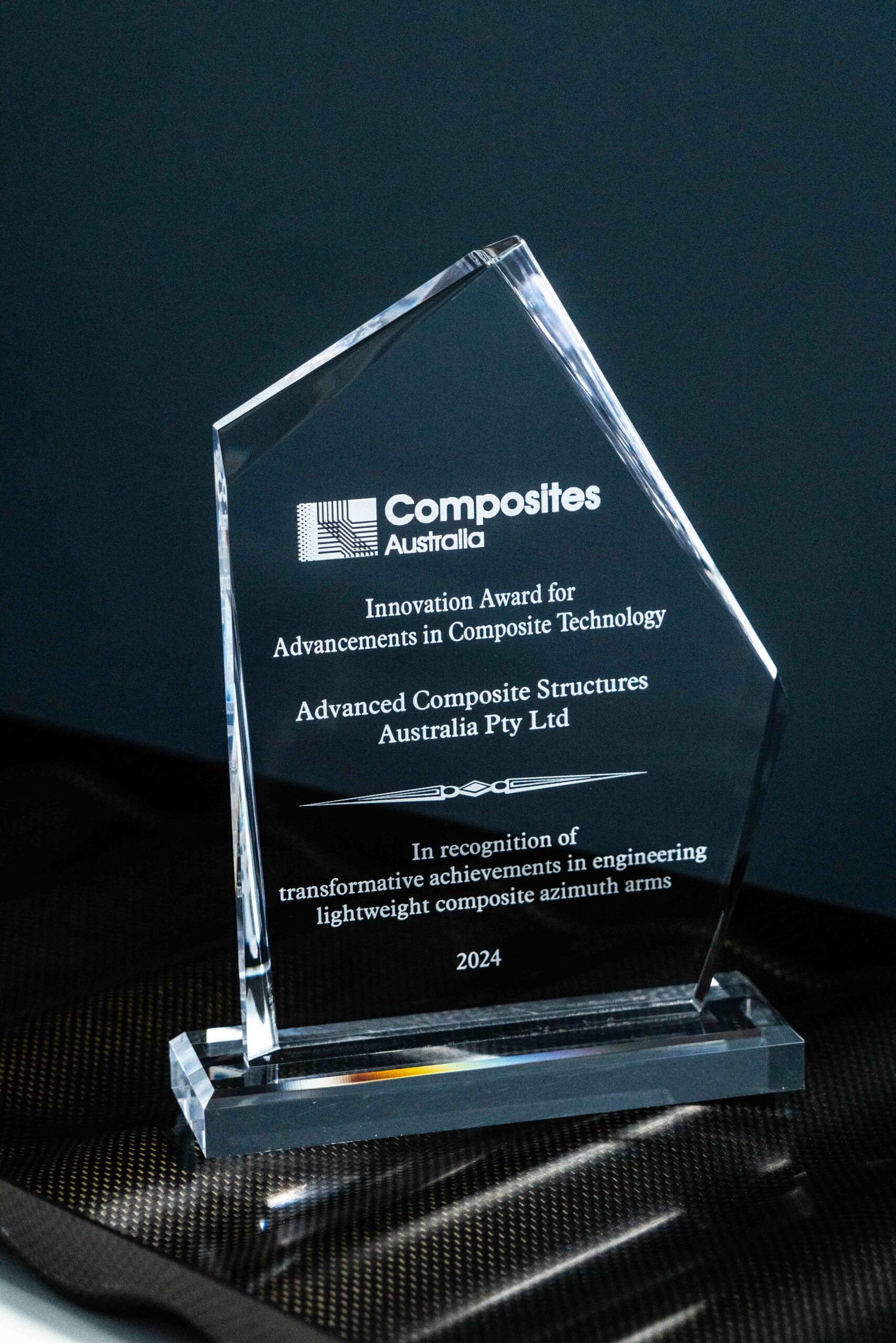 Composites Australia Innovation Award 2024 for Advancements in Composites - Advanced Composite Structures Australia Pty Ltd. In recognition of transformative achievements in engineering light-weight composite azimuth arms 2024