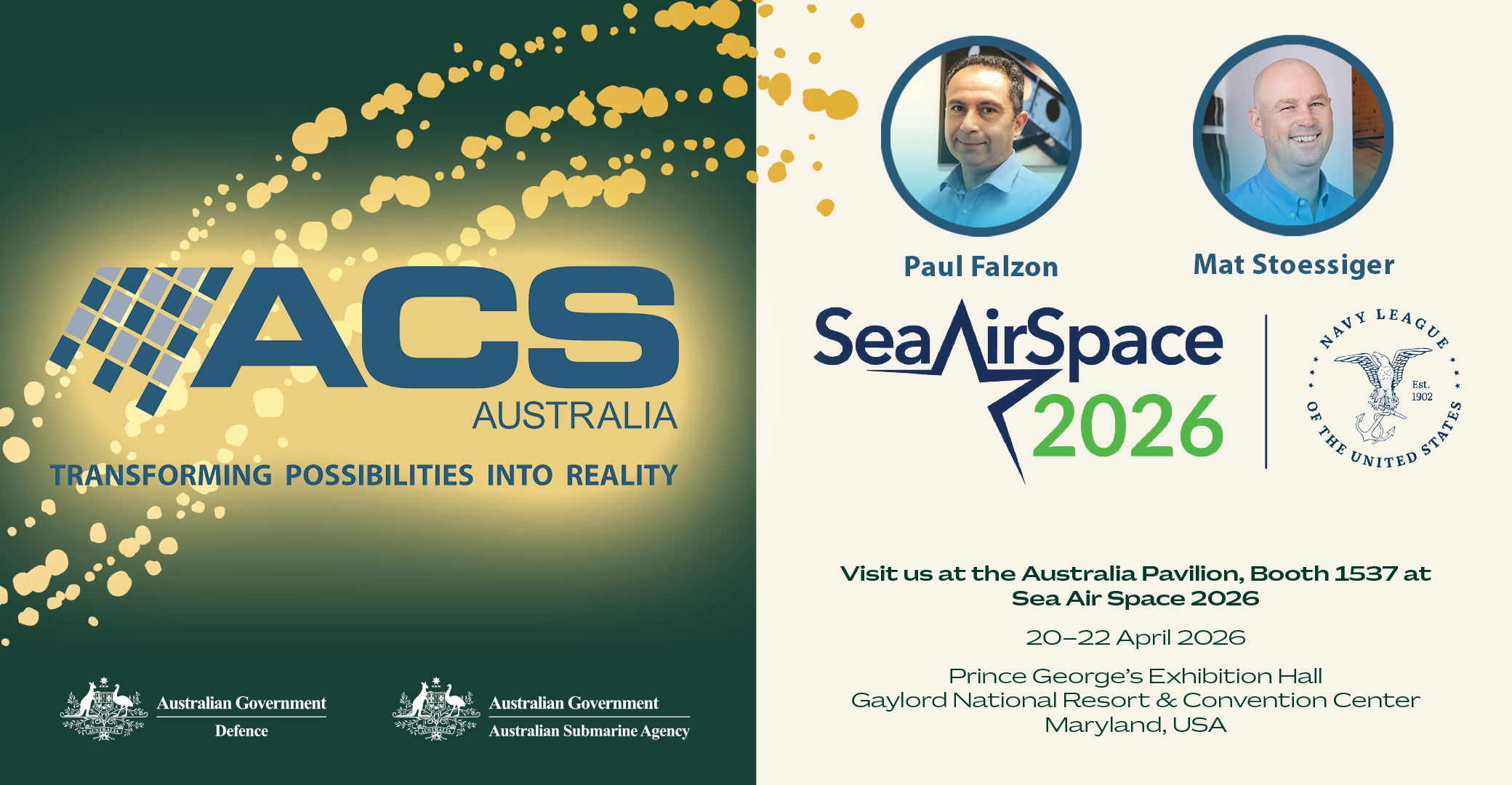 Paul Falzon and Mat Stoessiger ACS Australia exhibiting at SAS Sea Air Space 2026