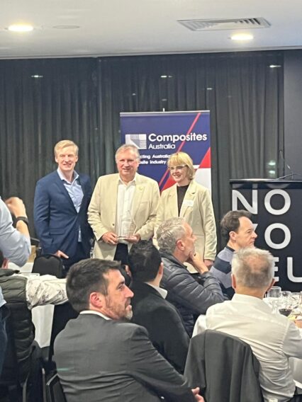 Murray Scott being awarded at Composites Australia Conference 2026 in Geelong by Kerryn Caulfield and Luke Preston